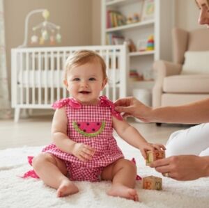 Handmade Pink Gingham Baby Romper with Watermelon Design Sz 18M